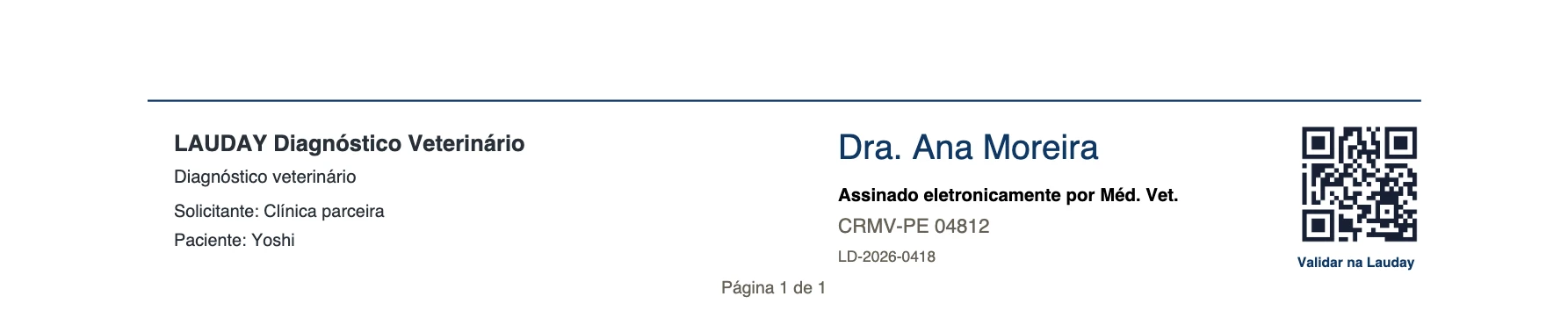 Rodapé de um laudo assinado no Lauday, com o nome e o CRMV da veterinária, a indicação de assinatura eletrônica e o QR code de validação